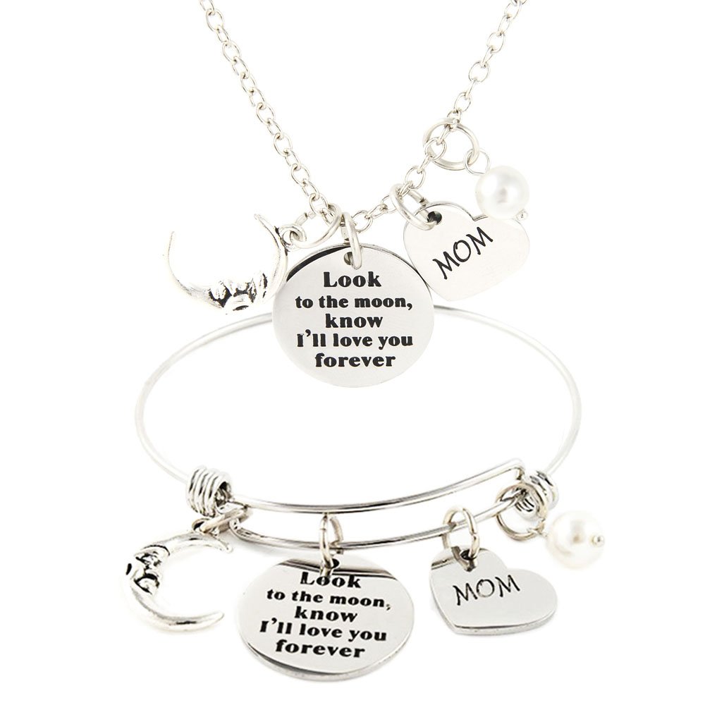 316L Stainless Steel Miss Mom Bracelet | Look To The Moon Know I'll Love You Forever Mom Bracelet | Memorial Bracelet Pendant Necklace