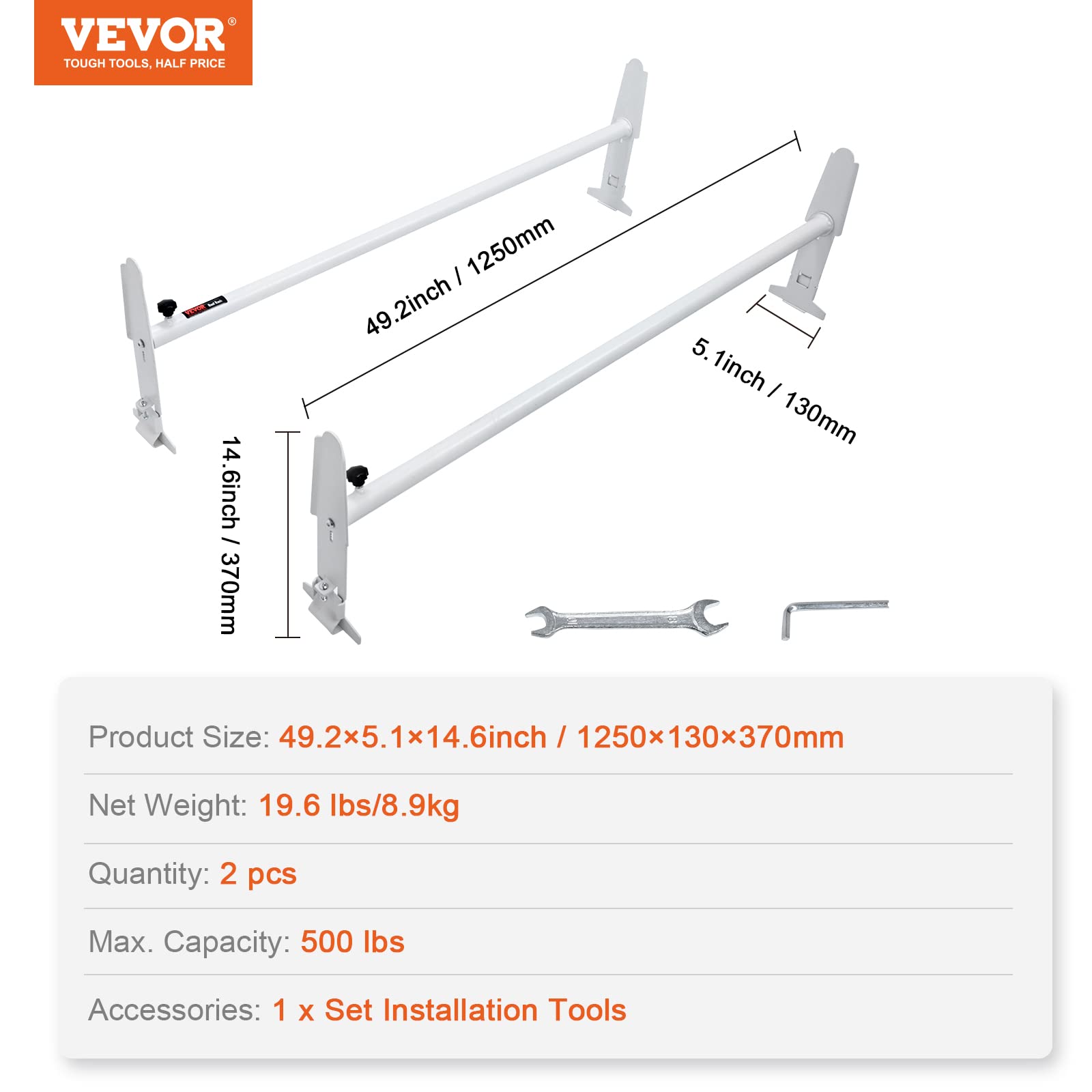 VEVOR Portaequipajes de Techo para Furgoneta 2 Barras Portaequipajes de Acero de Aleación 227 kg Ajustable 120-200 cm para Furgonetas de Tamaño Completo con Canalón Compatible con Chevrolet Express