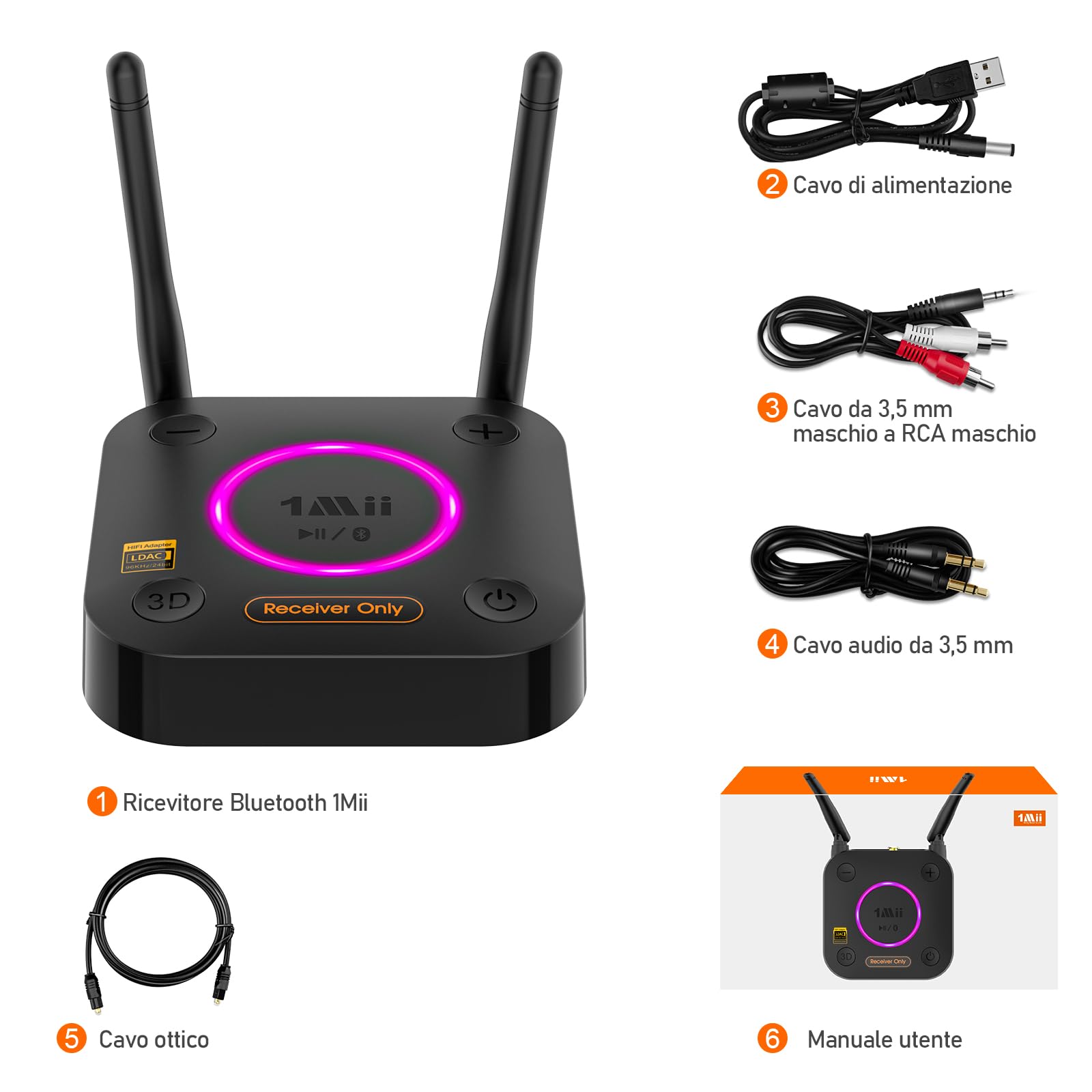 1Mii B06Ultra Ricevitore Bluetooth 5.3 HiFi con Hi-Res LDAC, Adattatore Audio Bluetooth Wireless con DAC Audiofilo, 3D Surround aptX HD/Bassa Latenza, Uscita Ottica/Coassiale/AUX 3.5mm per Stereo