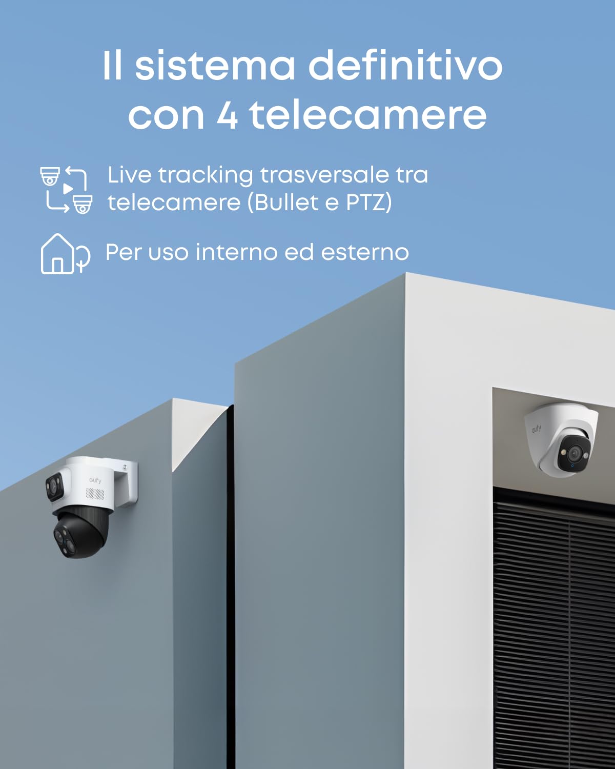 eufy Security Sistema NVR PoE S4, 2 telecamere Bullet-PTZ, 2 telecamere Bullet PTZ 360°, framing e tracking auto AI, auto-ricerca video, visione notturna a colori, strobo rosso/blu,2TB HD,ripresa 24/7