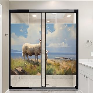 Abstract Cute Sheep Window Privacy Film Rustic Animals Coastal Stained Glass Window Film Decorative Window Cling for Home Window&Glass Door, Sun Blocking 27.6Wx47.2L-inch x2 Pcs