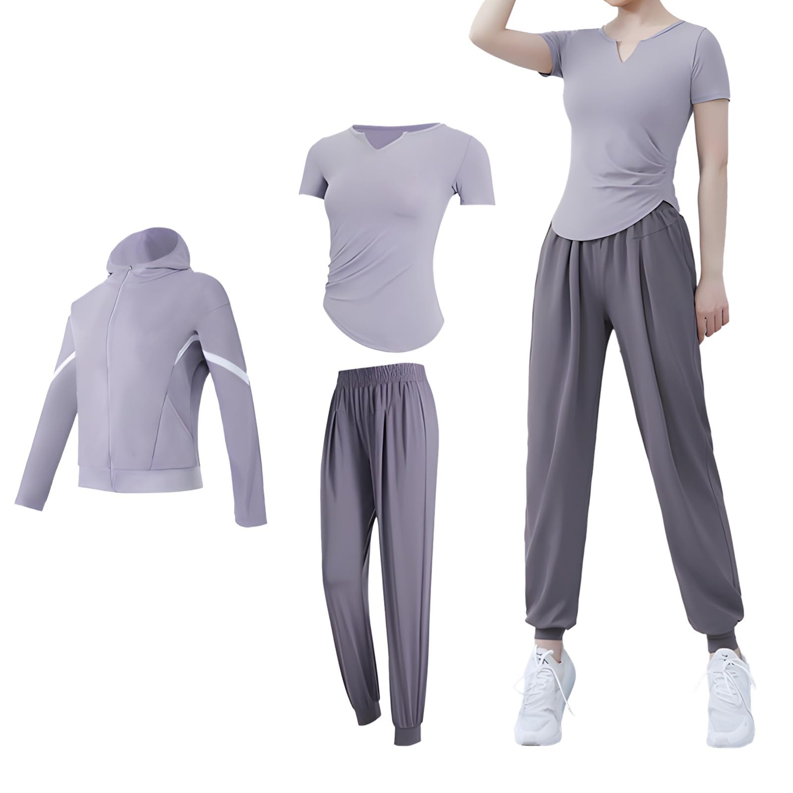 Set da allenamento da donna, XXL, set da yoga da donna con maglietta a maniche corte con scollo a V, pantaloni elastici in vita, giacca con cappuccio con cerniera, misto poliestere traspirante