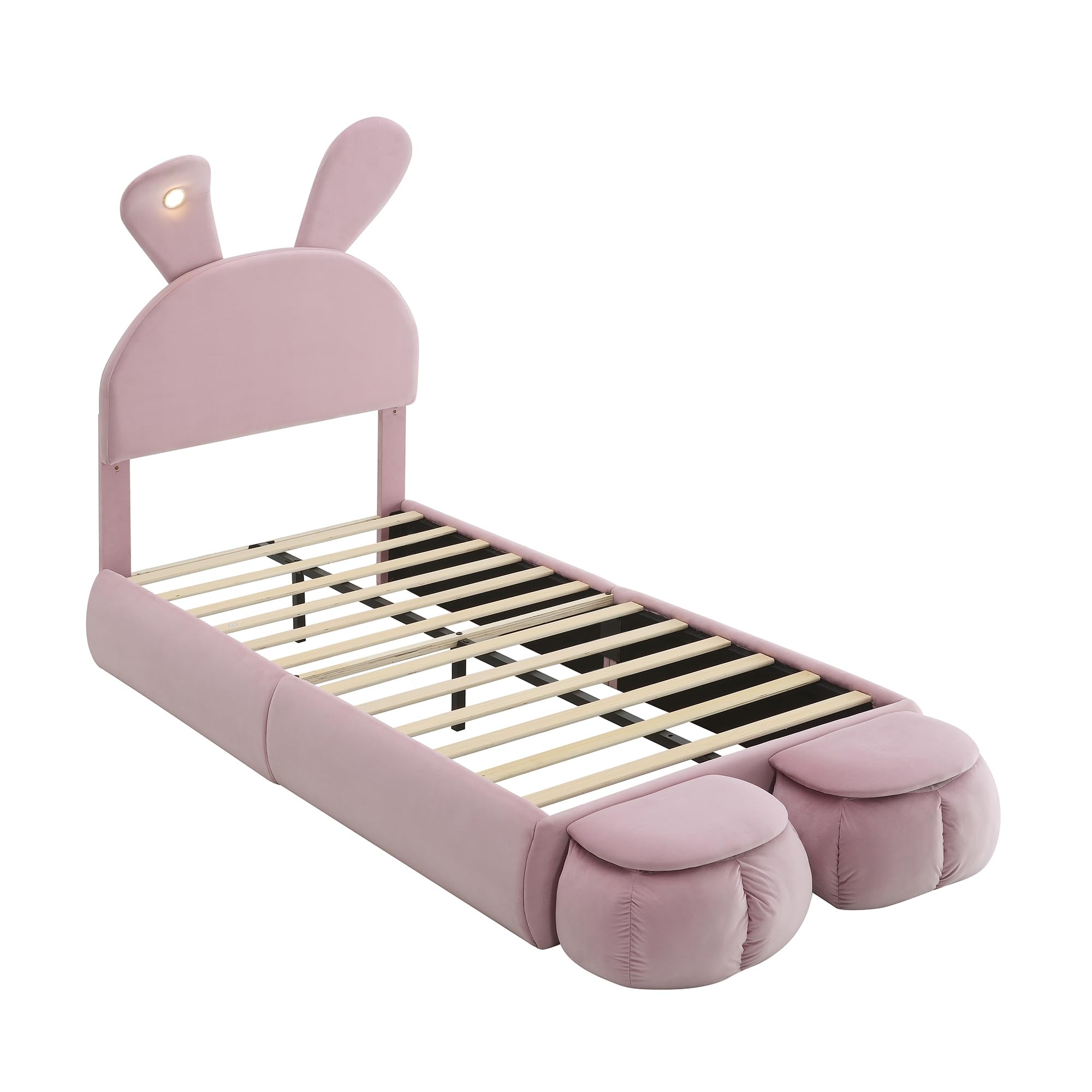 Soweiz Cama tapizada, cama individual, con orejas de conejo y tiras de luz de color cálido con brillo ajustable, con dos cajones de almacenamiento, cama infantil con somier de madera, terciopelo