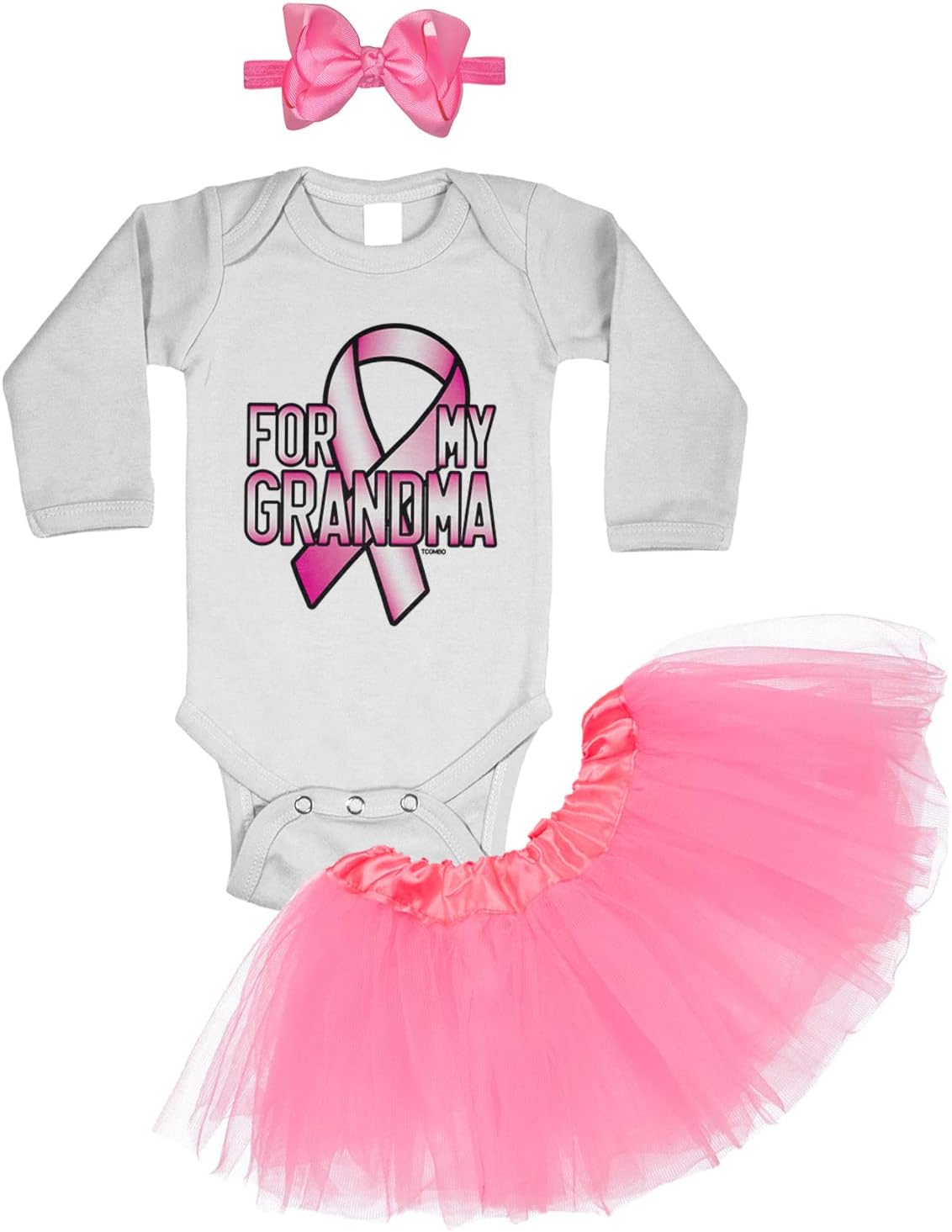 Tcombo For My Grandma - Breast Cancer Ribbon Baby Bodysuit + Tutu Skirt + Bow Headband Set