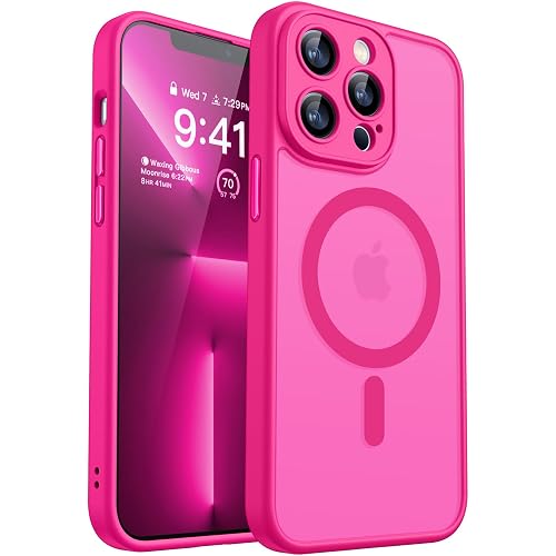 CANSHN Magnetic Compatible with iPhone 13 Pro Max Case, Upgraded [Full Camera Protection] [Compatible with Magsafe] [Translucent Matte] Shockproof Protective Phone Case Cover 6.7 Inch - Hot Pink