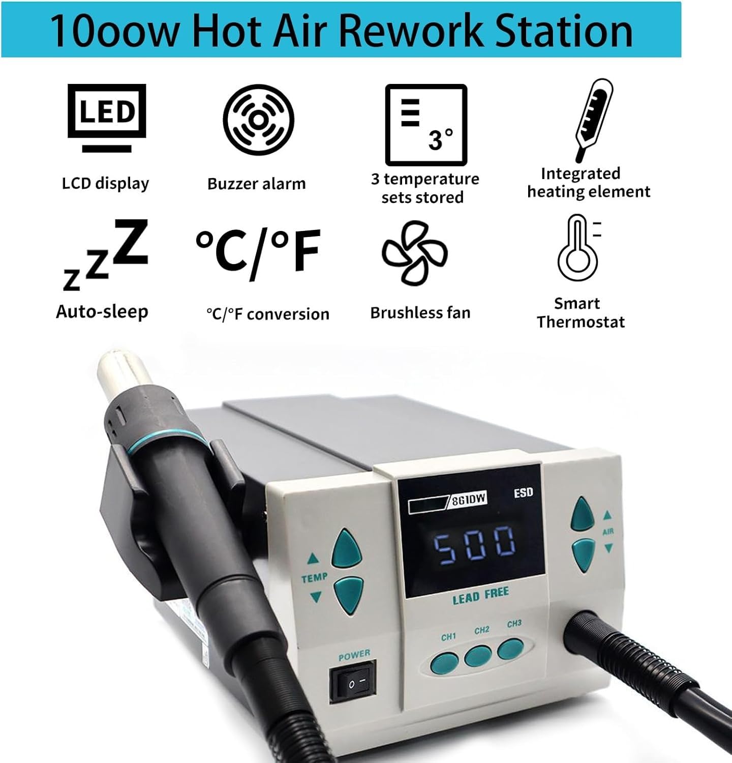 Estación de reprocesamiento de aire caliente 861DW pantalla digital 110 V 1000 W Estación de soldadura de aire caliente automática con 7 boquillas de aire pistola desoldadora temperatura