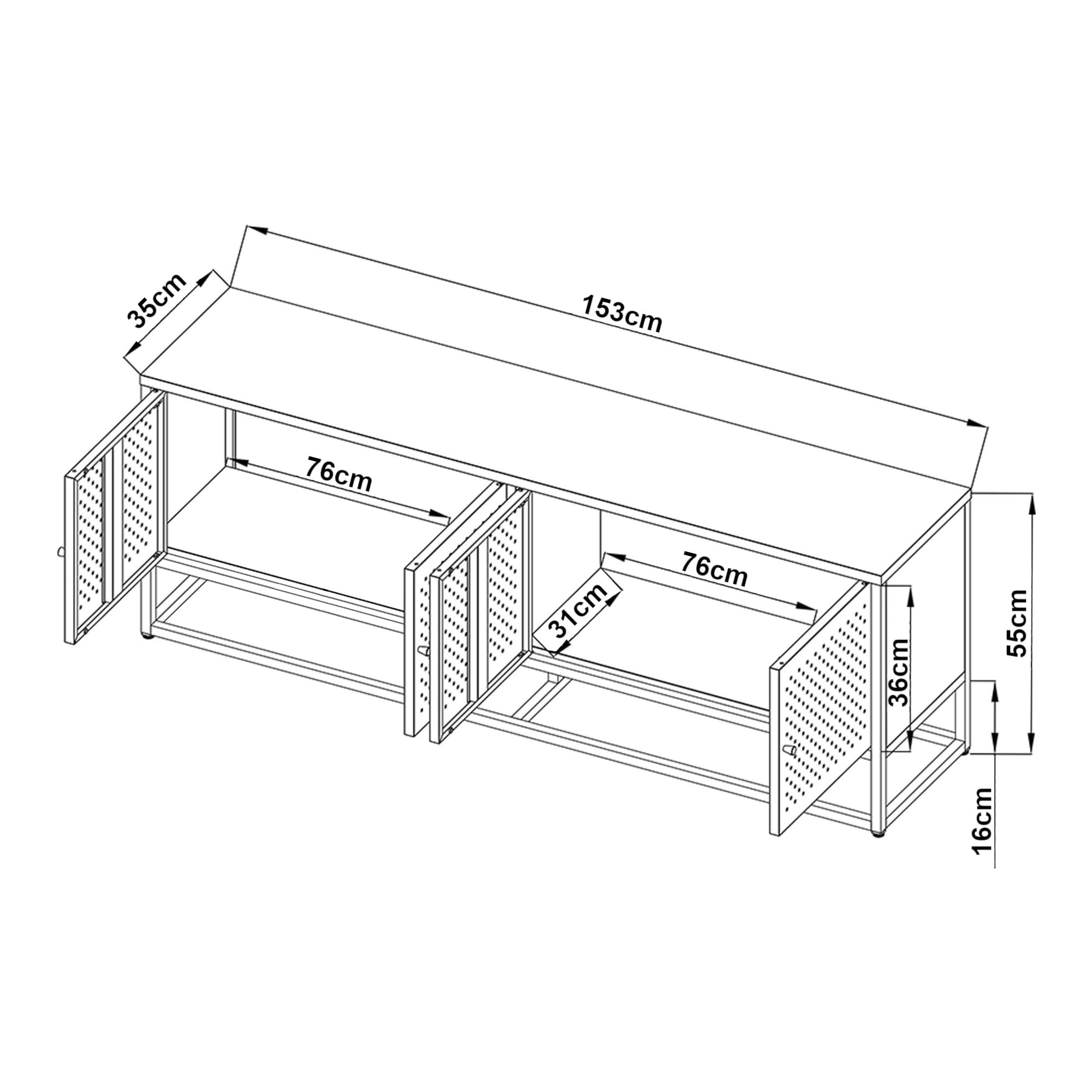 [en.casa] Mobile TV a 4 Ante con 2 Scomparti Chiusi Armadio Basso Porta TV con Foro Passacavi Stand TV Centri Multimediali 153 x 35 x 55 cm in Acciaio - Nero