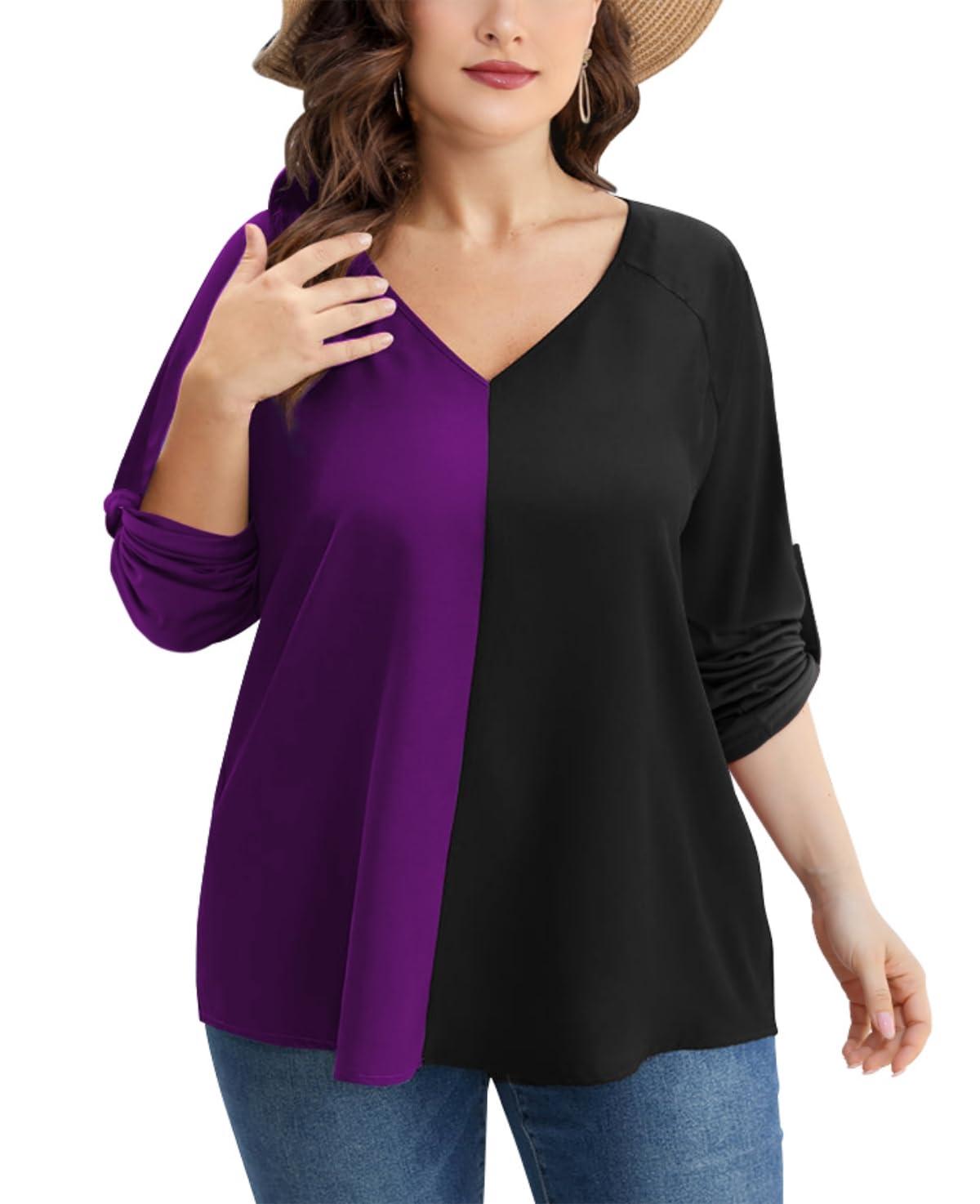 AMCLOS Womens Tops Plus Size Tunic V Neck Casual T-Shirts Flowy Color Block Contrast Blouses 3/4 Knotted Sleeve