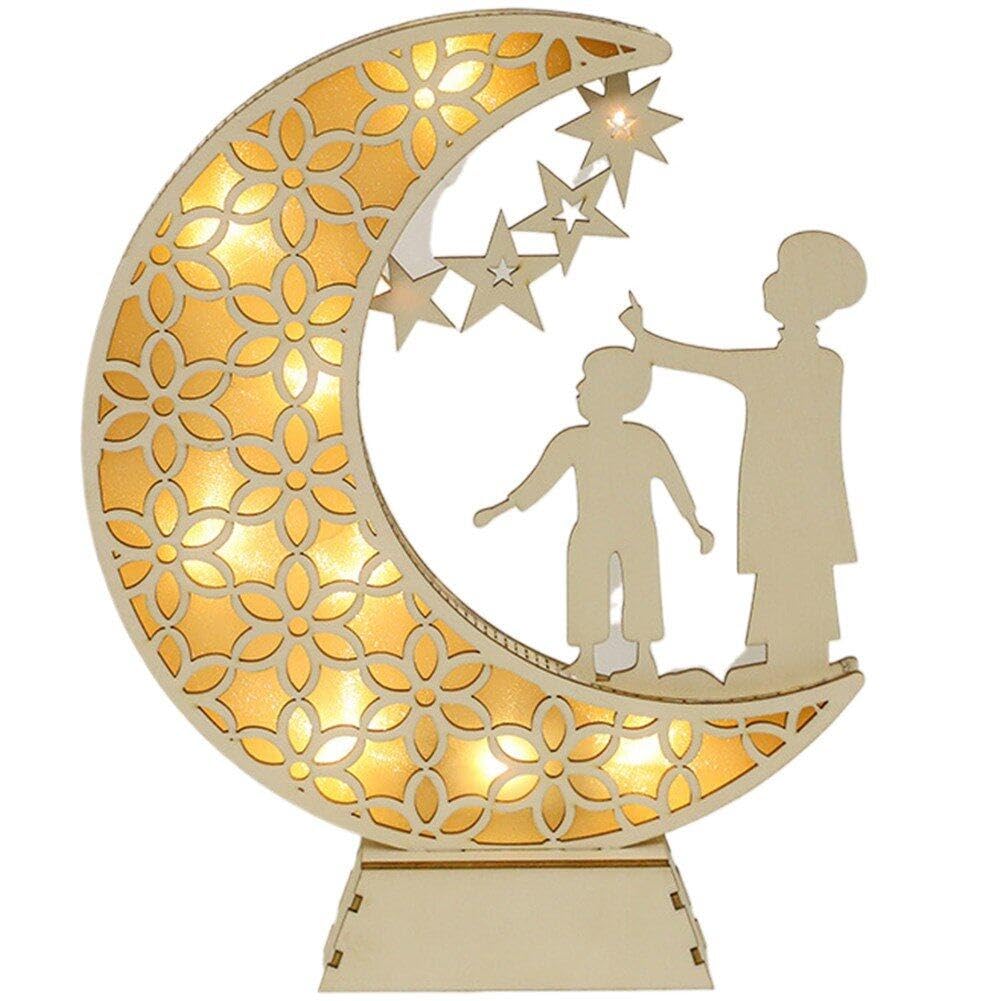 Veilleuse Eid Ramadan en bois artisanat lune 3D premium