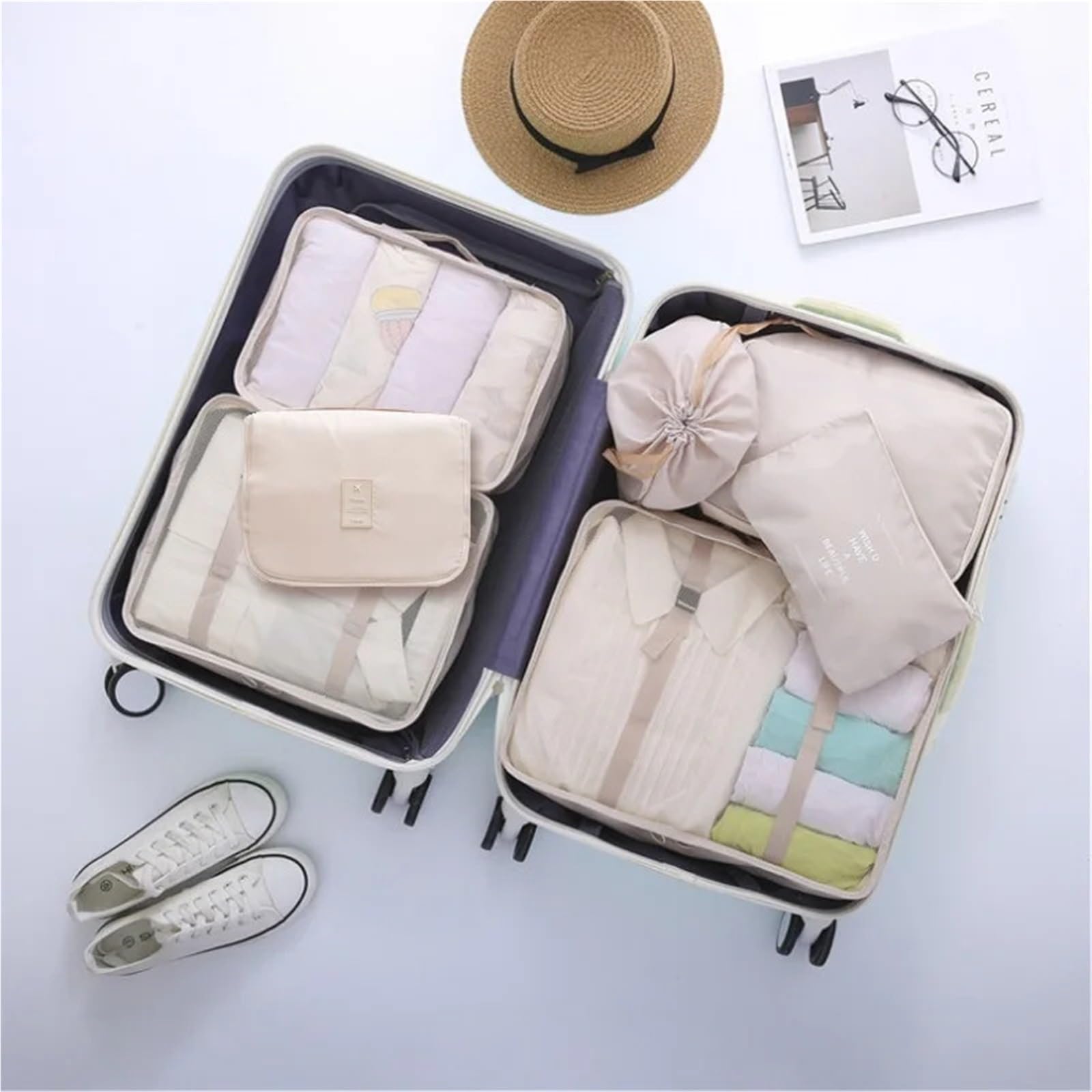 Set da 7 pezzi for organizzare borse viaggio, vestiti, bagagli, coperte, scarpe, valigie e cubi imballaggio per Vestiti, Scarpe, Cosmetici(Grey)