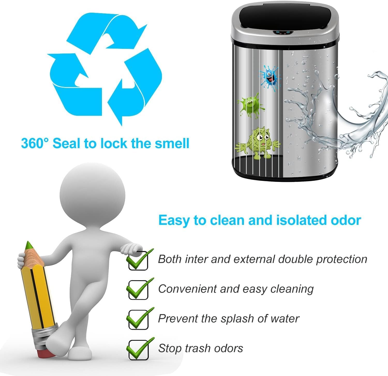 Bigacc Kitchen Trash Can | Stainless Steel 13 Gallon Trash Can | 50L Touch Free Garbage Can with Lid | Electronic Sensor High Capacity Trash Bin for Bathroom Kitchen Office, Silver