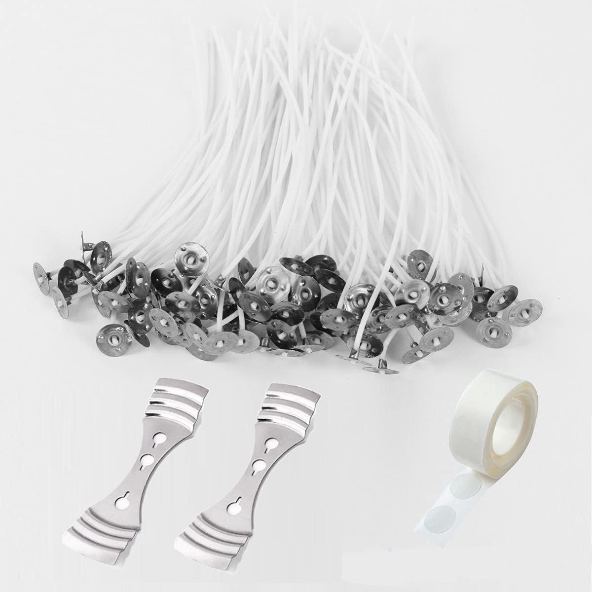 100 Piece Natural Candle Wicks, 100 Pieces Wick Stickers, 2 pcs Candle Wick Holders Centering Device, Low Smoke 6" Pre-Waxed & 100% Natural Cotton Core, Candle Making Craft Tools Kit for Candle DIY