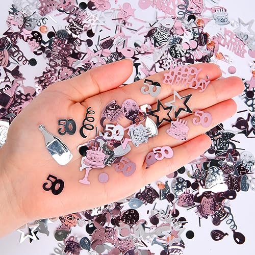 Image of OSDUE Pink Gold Silver Happy Birthday Confetti, 3000 Pieces 50 Years Birthday Cake Confetti, Metallic Foil Balloon Table Scatter Confetti Decoration Supplies, for Birthday Party (50th Style)
