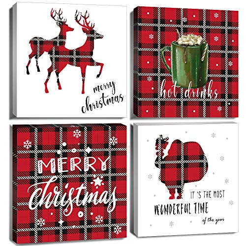 Red Buffalo Plaid Wall Art Decor Snowman Reindeer Drinks Silhouette
