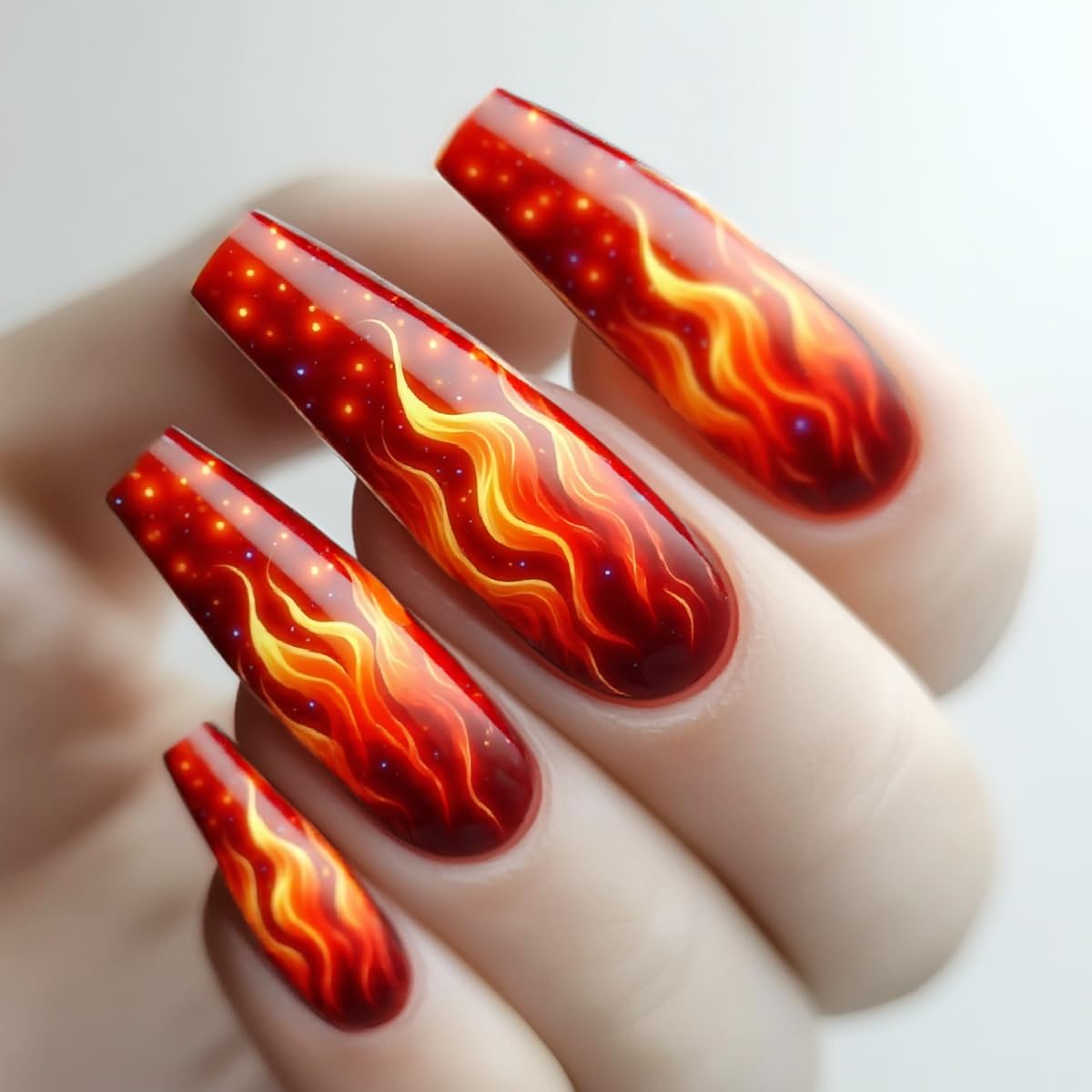 NGMATY Red Flame Press On Nails Long Coffin False Nails- Flickering Fire Design Glossy Fake Nails, T-Shaped Full Cover Glue on Nails for Women,24Pcs