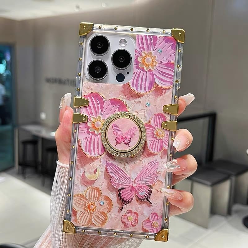 Glitter Floral Kickstand Case for iPhone 16 Pro Max,Cute Colorful Retro Oil Painting Printed Flower Butterfly Bling Sparkly Ring Stand Shockproof Women Girls Case for iPhone 16 Pro Max, Pink - Image 4