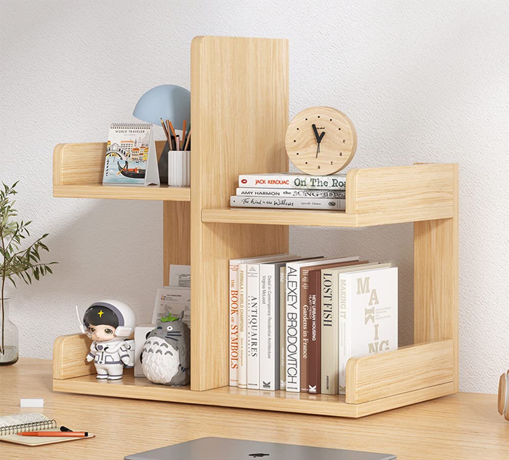 U-HOOME Desktop Shelf Freestanding Wood Small Bookshelf Desk Supplies Organizers,Desktop Bookshelf Organizer Office Supplies Home Desk Decor, Desk Storage Organizer Display Shelf Rack