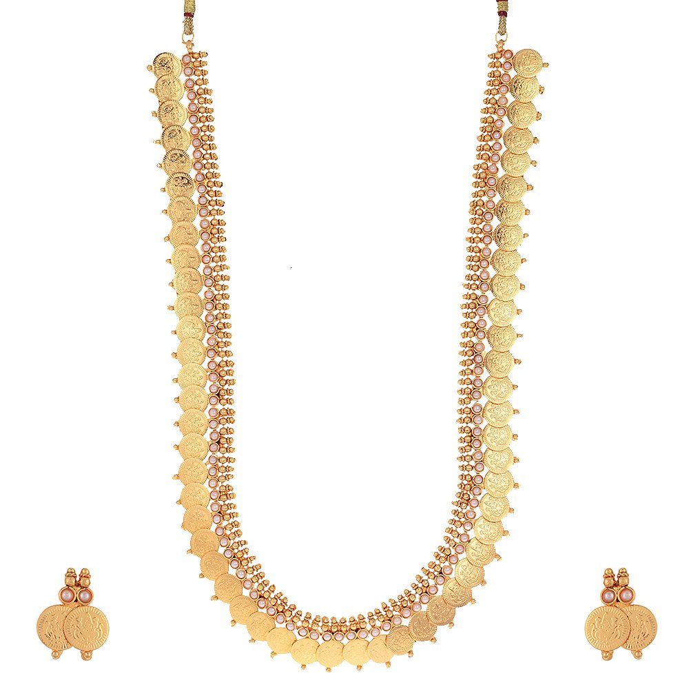 ZENEME Jewellery Set Gold Plated Long Traditional Maharani Beads Studded Temple Coin Necklace Set with Earrings Jewellery For Women & Girls (Pearl (White)) (B01G989V74) Amazon Price History, Amazon Price Tracker
