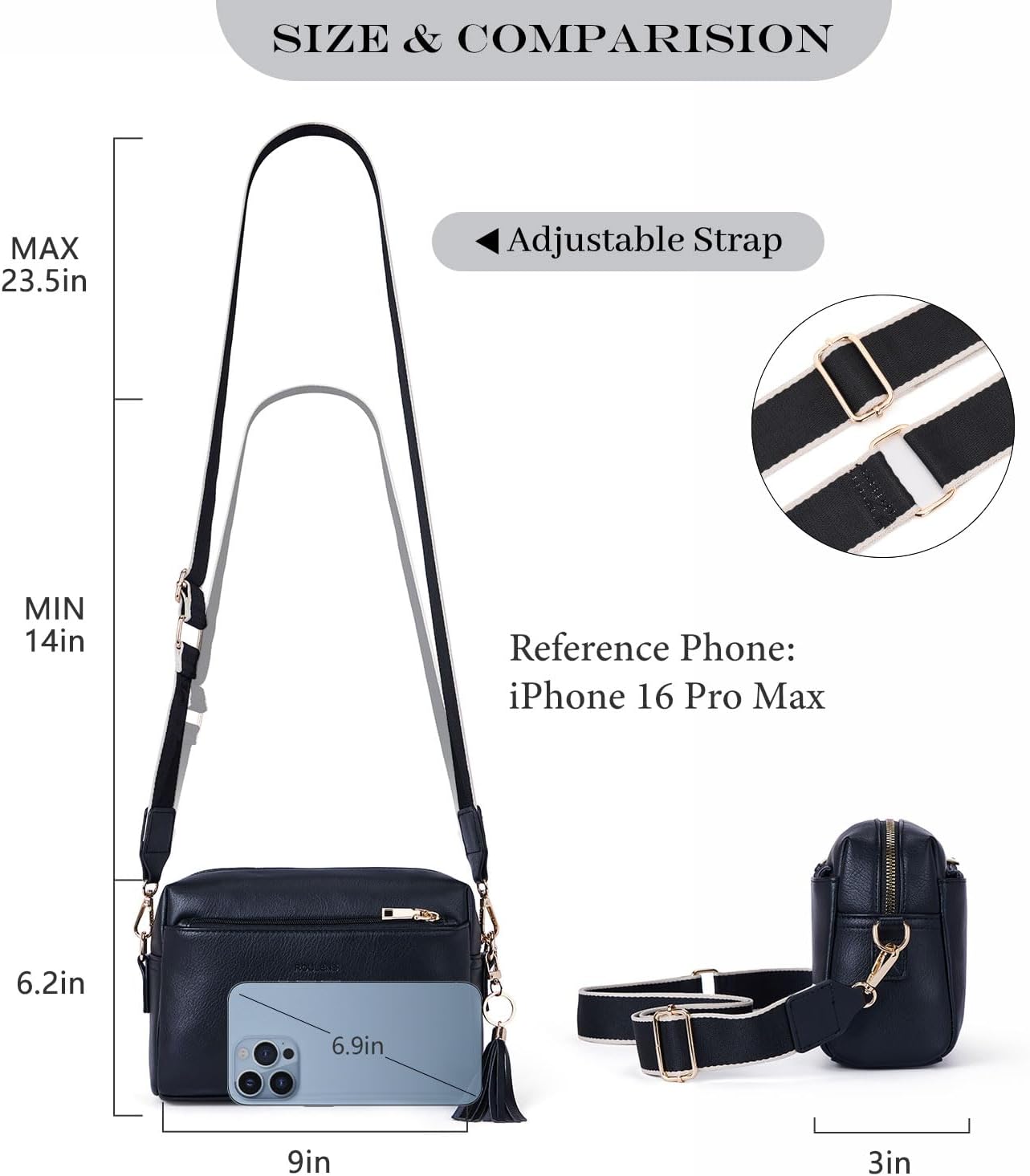 Roulens Triple Zip Small Crossbody Bag for women,Wide Strap Cell Phone Purse Shoulder Handbag Wallet with Credit Card Slots | Triple Zip, Small, Wide Strap - Image 5