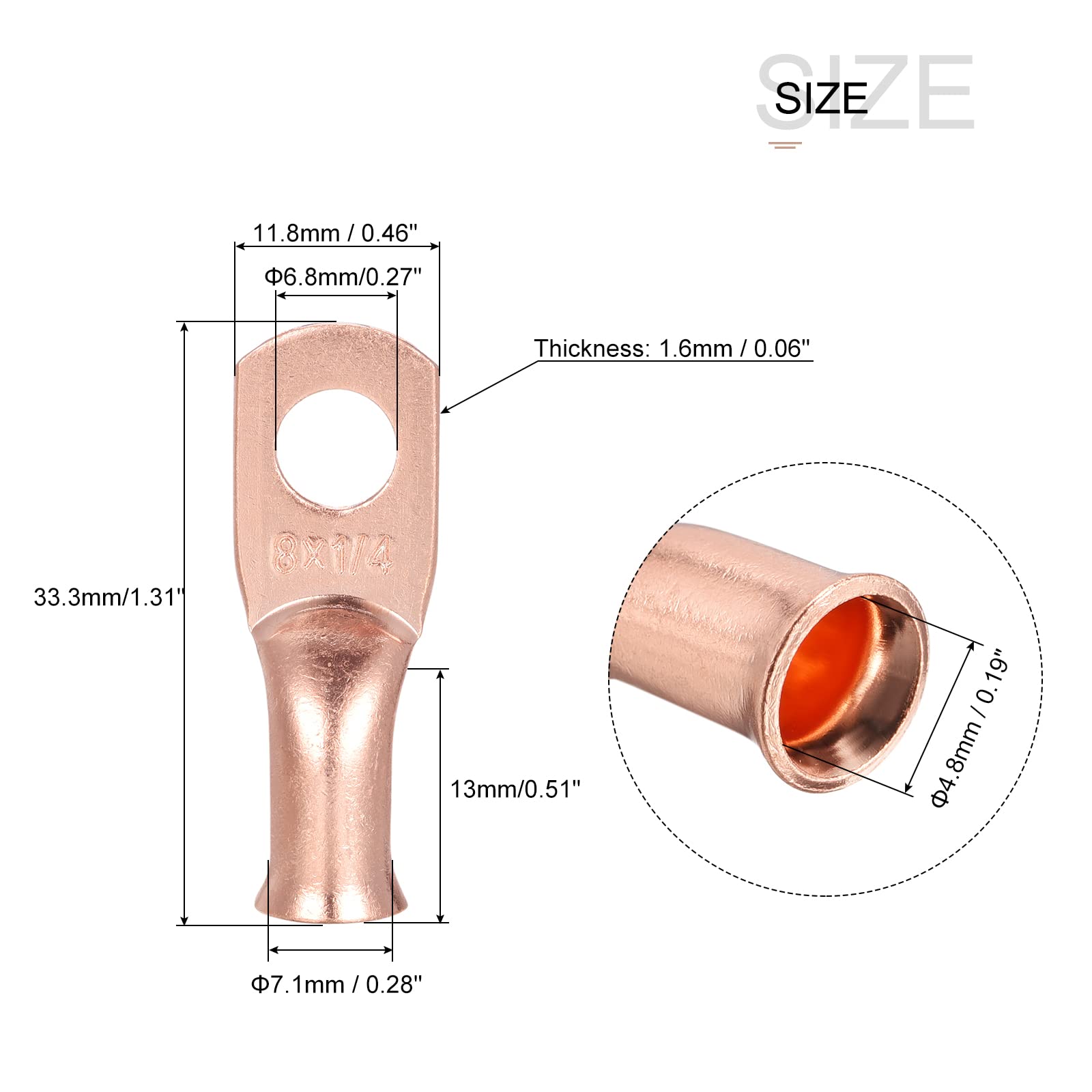 MECCANIXITY Battery Cable Ends 0.27 Inch 8 AWG Tubular Ring Terminals Closed End Crimp Connectors Bare Copper Eyelet 10 Pcs