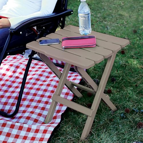 Image of Camco Adirondack Portable Outdoor Camping Small Weatherproof Rustproof Durable Plastic Folding Side Table for Indoor and Outdoor Use, Taupe