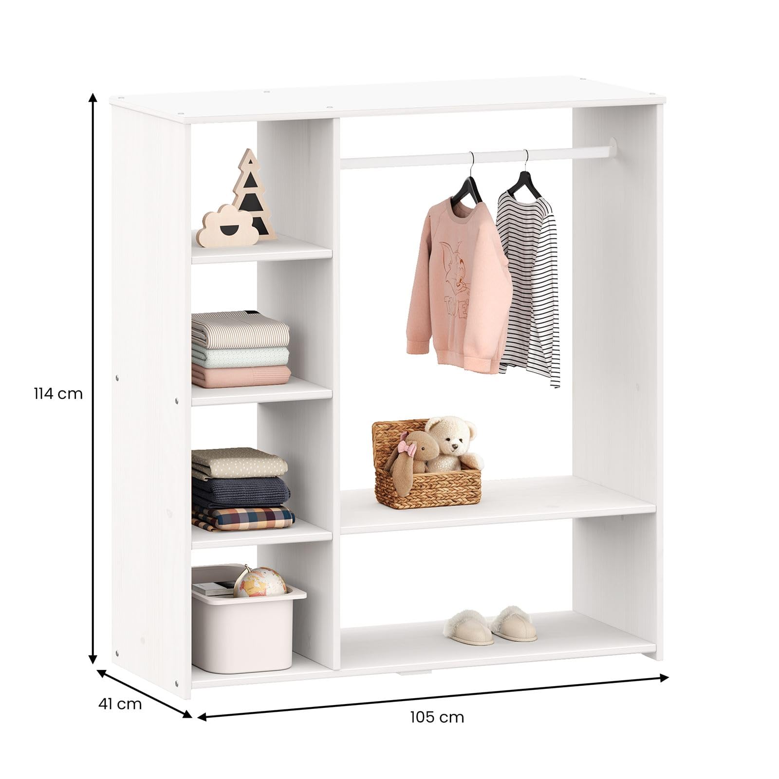 IDIMEX Kinderschrank Rafael mit Kleiderstange aus Kiefer - Weiß. Offener Schrank mit Fächern und Ablagen, Skandinavisches Design, Kinderregal nach Montessori Prinzipien