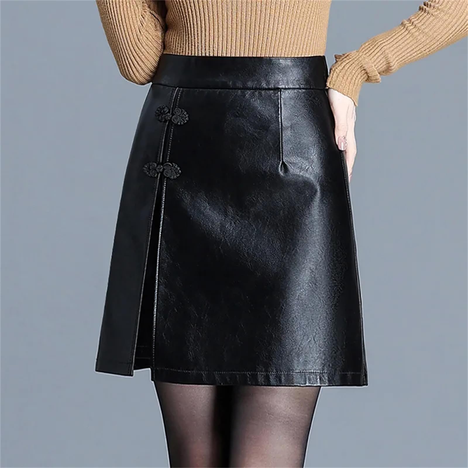 Falda de piel sintética para mujer, elegante falda de invierno, corte entallado, falda acampanada, faldas cortas para mujer