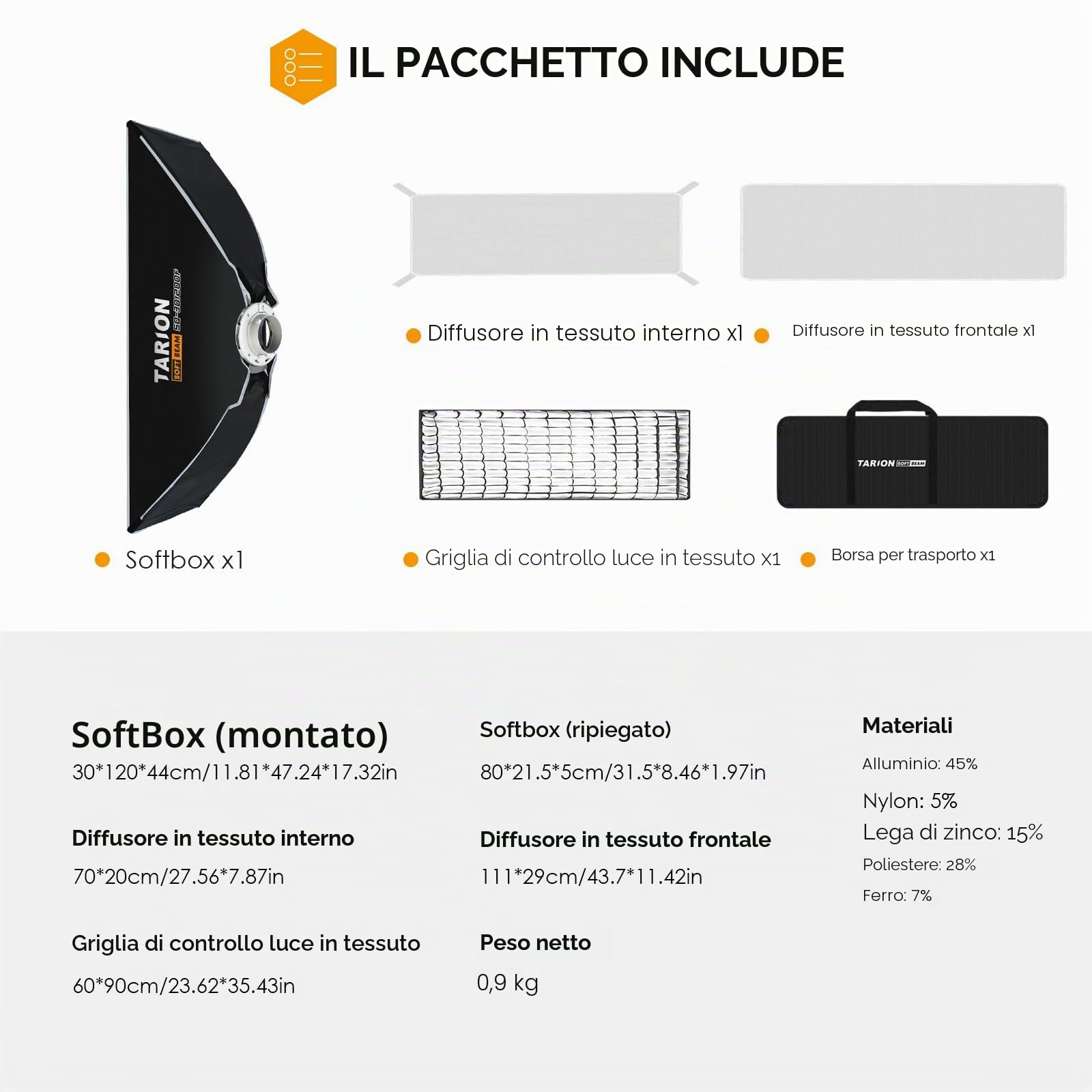 TARION Softbox Fotografico Bowens Pieghevole: Rettangolare Soft Box Sgancio Rapido Portatile con Griglia a Nido per Studio Flash a Slitta Diffusori Illuminazione(30x120cm)
