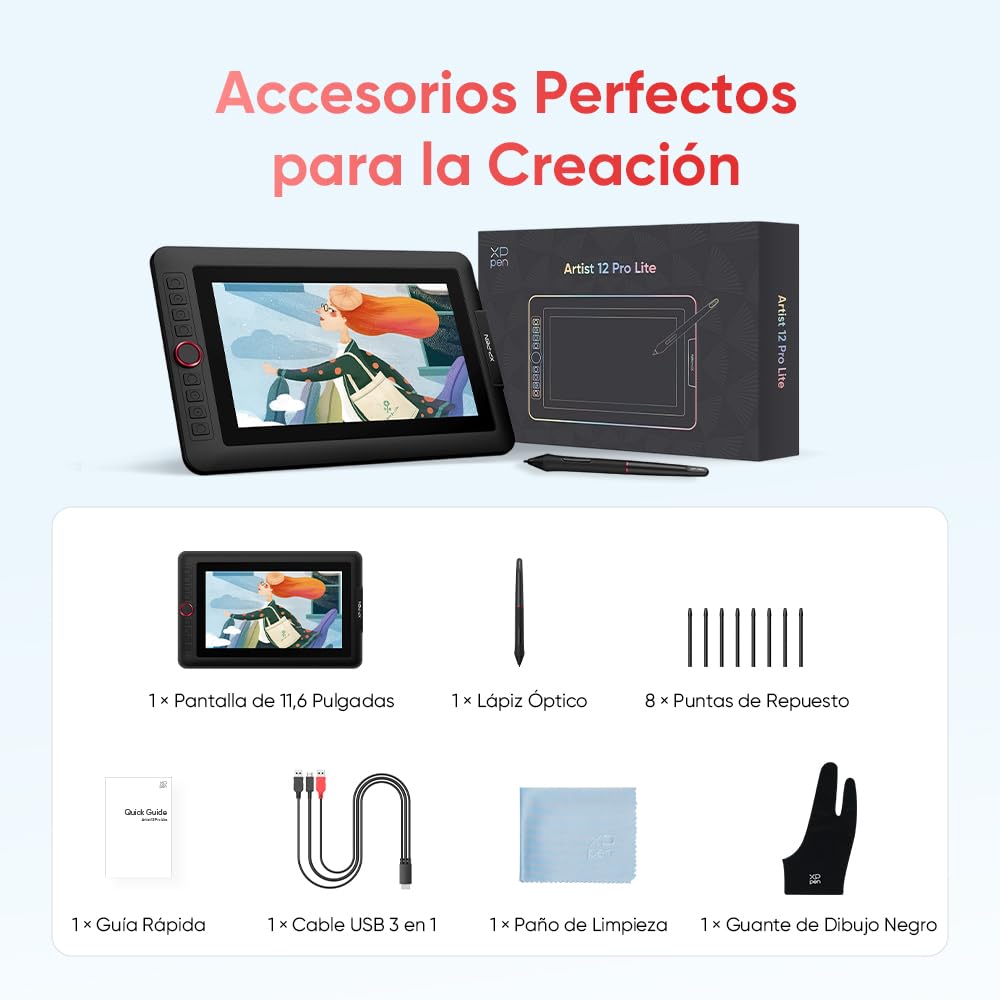 XPPen Artist 12 Pro Lite Tableta gráfica con Pantalla de 11.6" 8192 Niveles | Tableta Gráfica Dibujo Digital Profesional con 8 Teclas y 1 Dial para Dibujar, Escritar y Editar