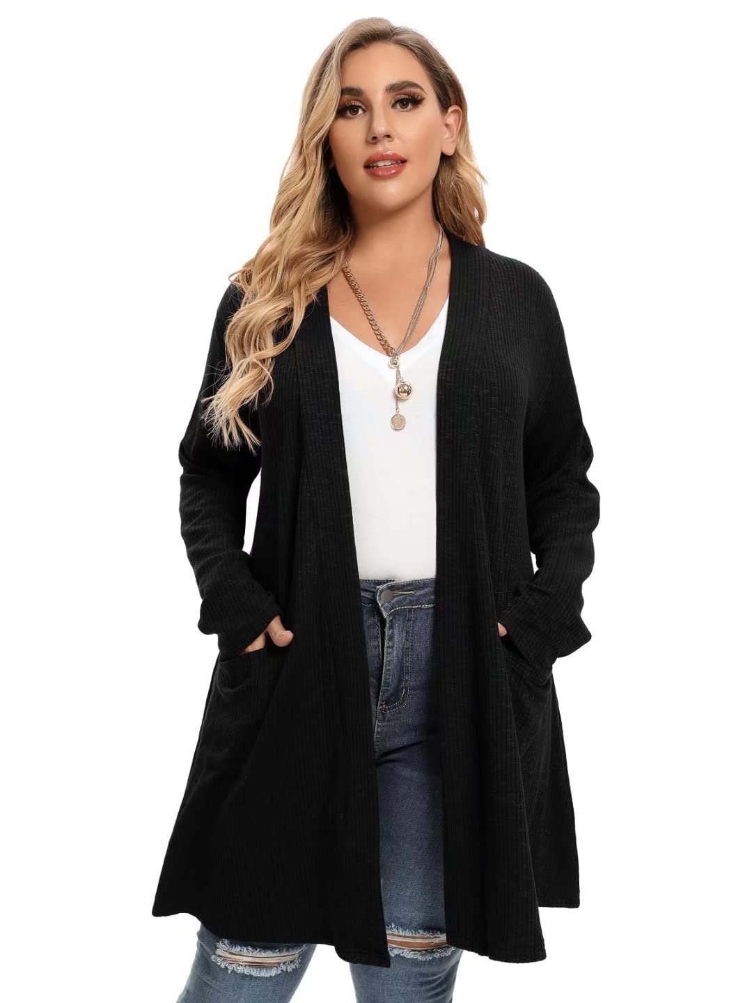 LARACE Open Front Knit Cardigan Sweaters for Women Plus Size Long Sleeve Tops with Pockets Lightweight for Winter