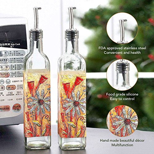 CEDAR HOME Olive Oil Bottle Set Glass Dispenser Vinegar Cruet 17oz. with Stainless Steel Leak Proof Pourer Spout for Cooking or Salad Dressing, 2 Pack, Orange - Thumbnail 4