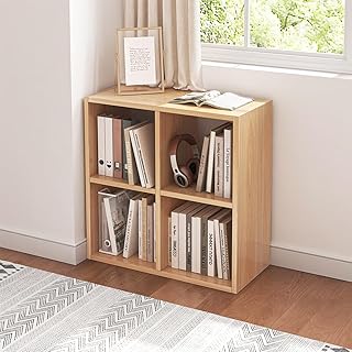 4 Cube Organizer Bookcase - Fabric Storage Bins Container, Open Shelf Simple Compartments Bookshelf, Oak