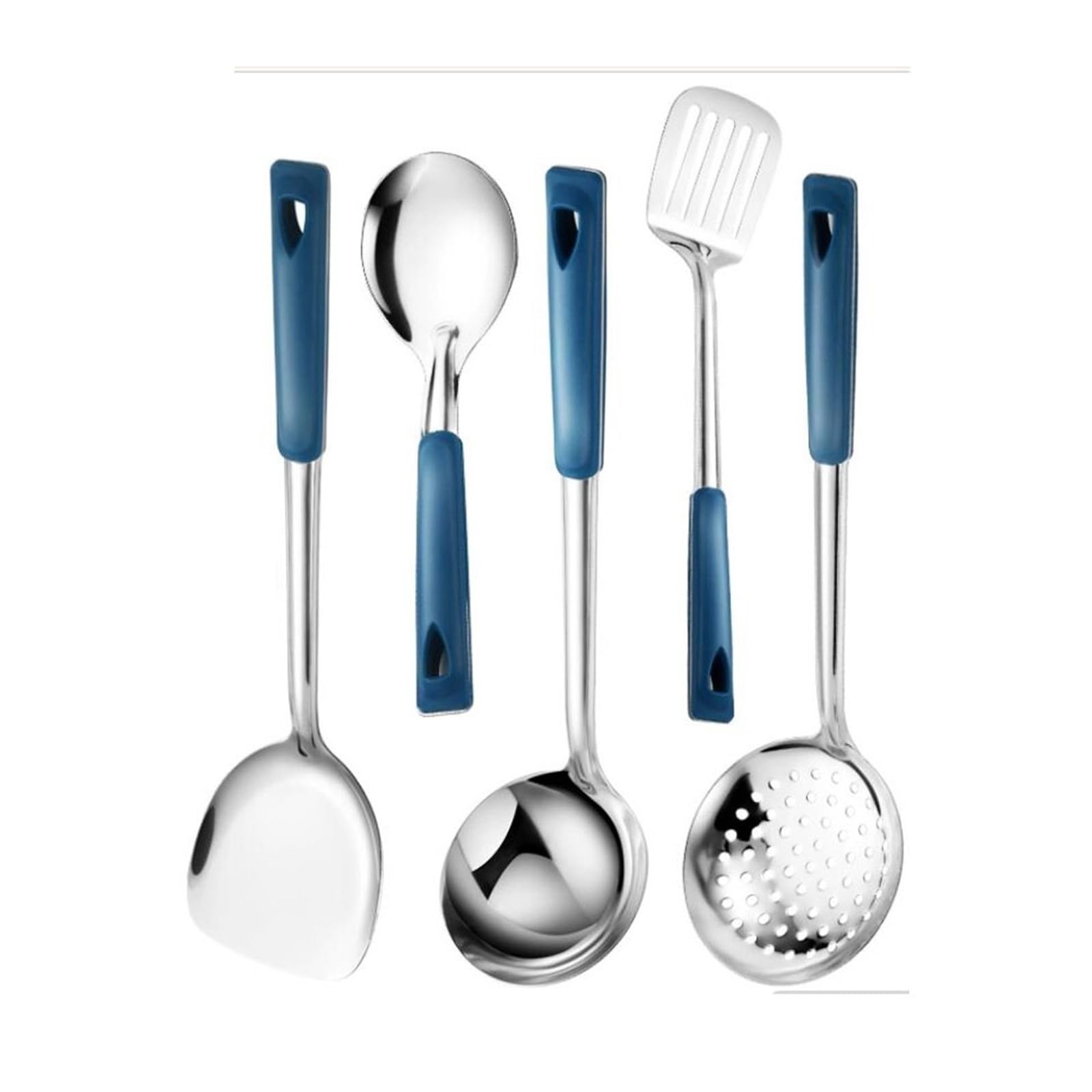 Küchenkochgeschirr, Kochutensilien aus Edelstahl, 5-teiliges Set, Kochlöffel, Spatel (blau, Einheitsgröße) (blau, Einheitsgröße)