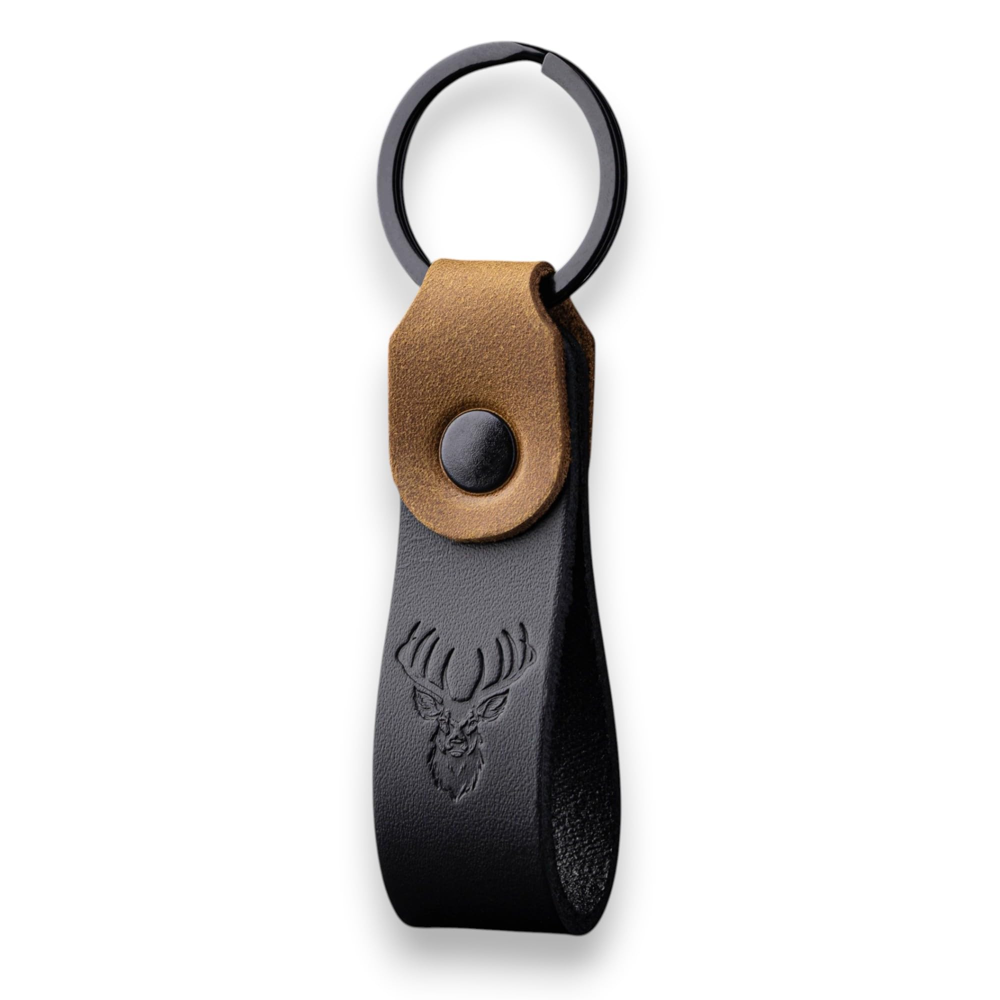 MAGOR Compact Leather Keyring for Men & Women – Personalised Black Full Grain Leather Keychain with Black Crazy Horse Accent, Car Keyring, Hot Embossed Design, Gift for Him Her Mum Dad (Deer)