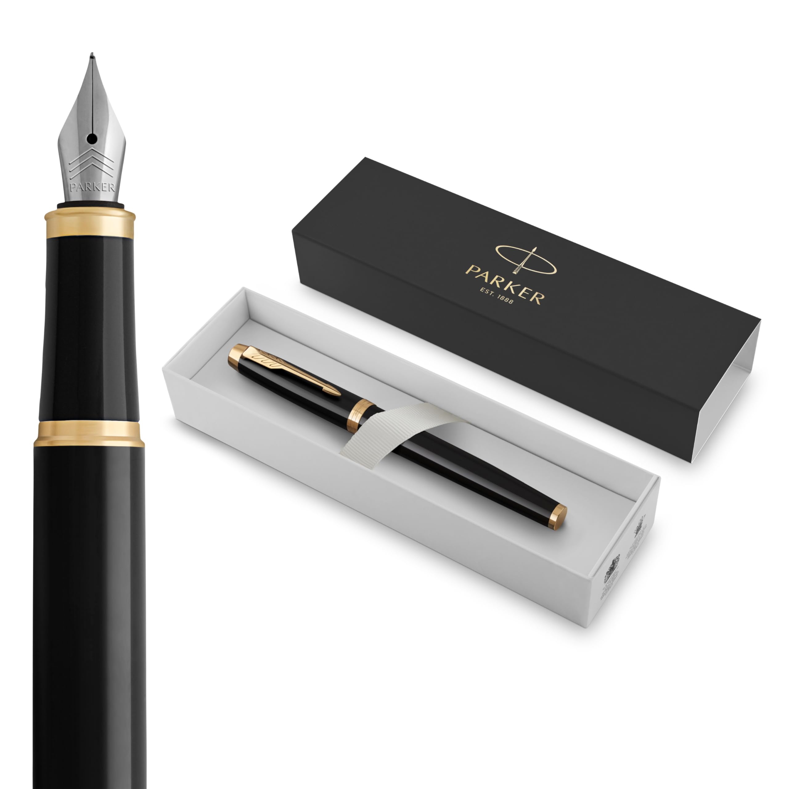 IM Fountain Pen, Black Lacquer with Gold Trim, Fine Nib, Blue Ink Refill, Elegant Gift Box