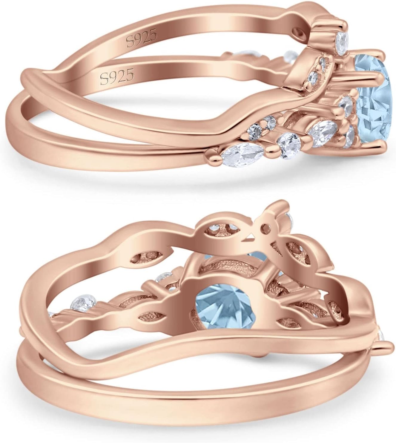 OMRANII Rose Tone, Simulated Aquamarine CZ Size-5 Two Piece Vintage Style Art Deco Wedding Engagement Bridal Set Ring Band Pear Round CZ 925 Sterling Silver