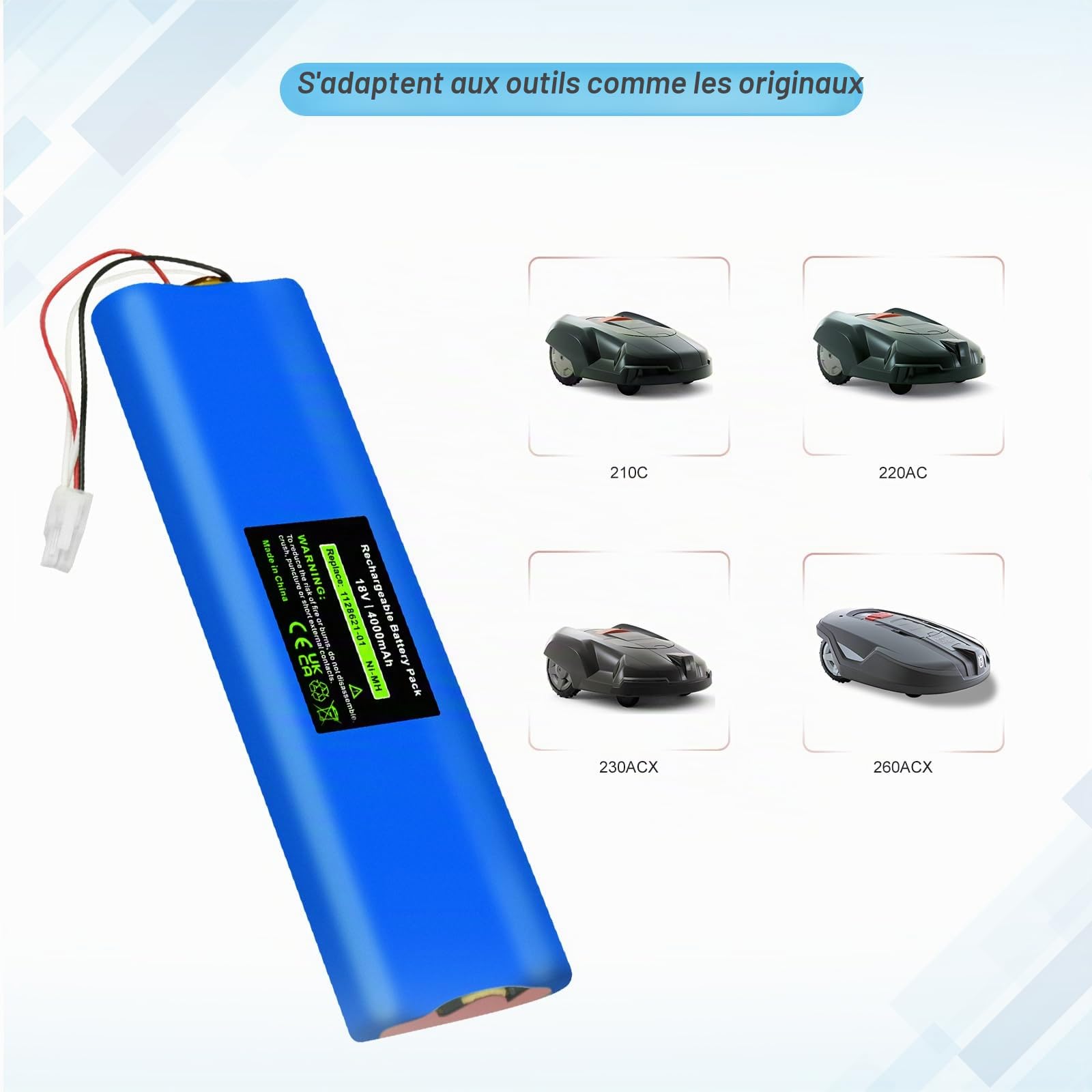 Batterie de rechange NI-MH 18 V 4000 mAh pour Husqvarna Automower 210AC, 210C, 220AC, 230ACX, 260ACX, G2 2004-2006, SH Solar Hybrid