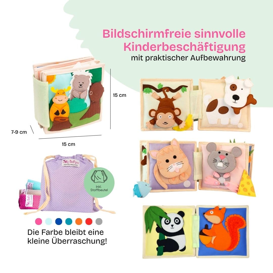 Jolly Designs – Tierfreunde - 6 Seiten Mini Quiet Book – Montessori Spielzeug ab 4 Monaten – Motorik & Sensorik fördern – Handgefertigtes Filzbuch – Lernspielzeug für Kleinkinder – Busy Book