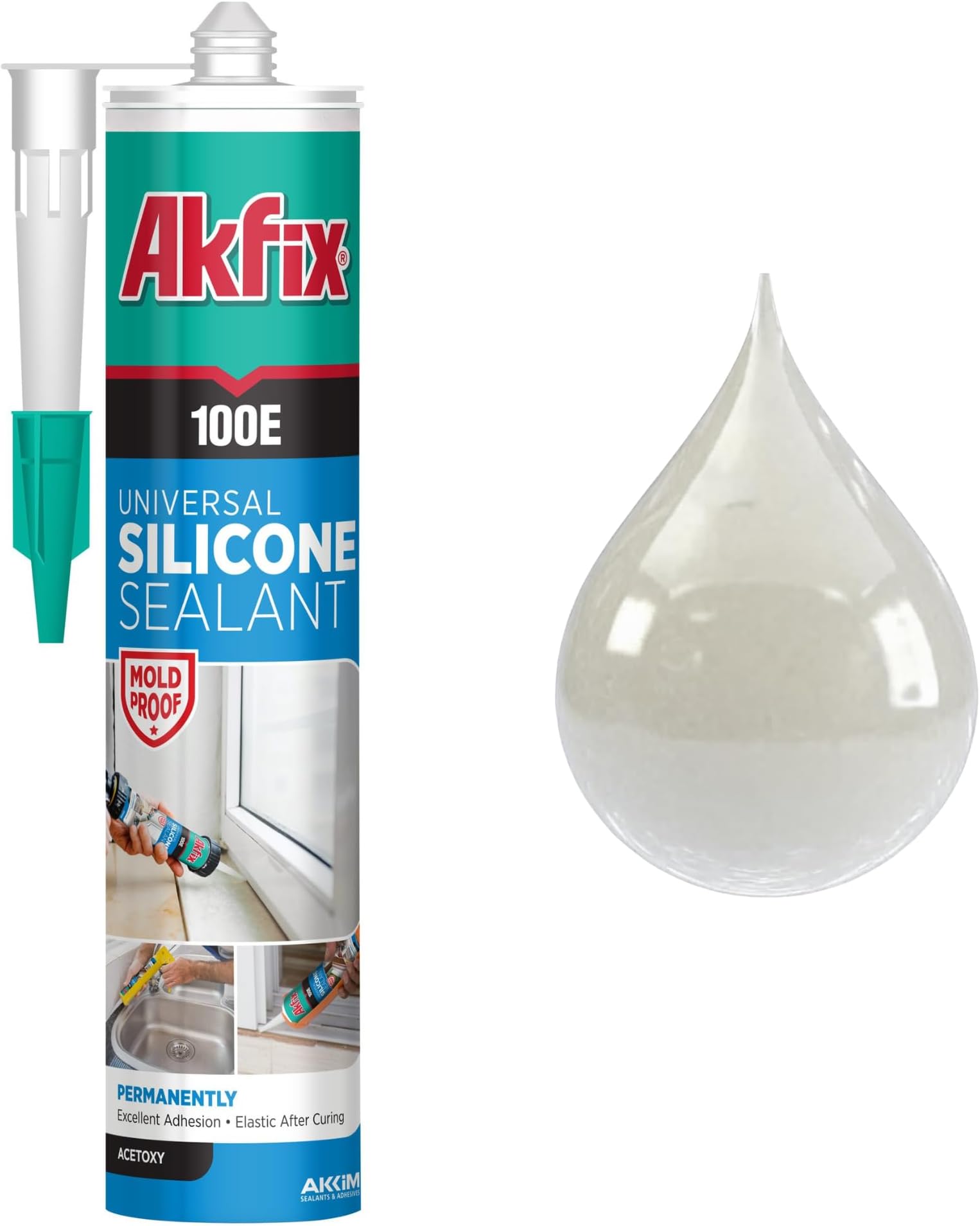 Akfix100E RTV Silicone Caulk Clear (1x10.1 fl.oz.) - 100% Silicone Sealant Waterproof for Kitchen and Bathroom, Shower, Toilet, Sink, Window and Door, No Discoloring | Clear, 1 Pack
