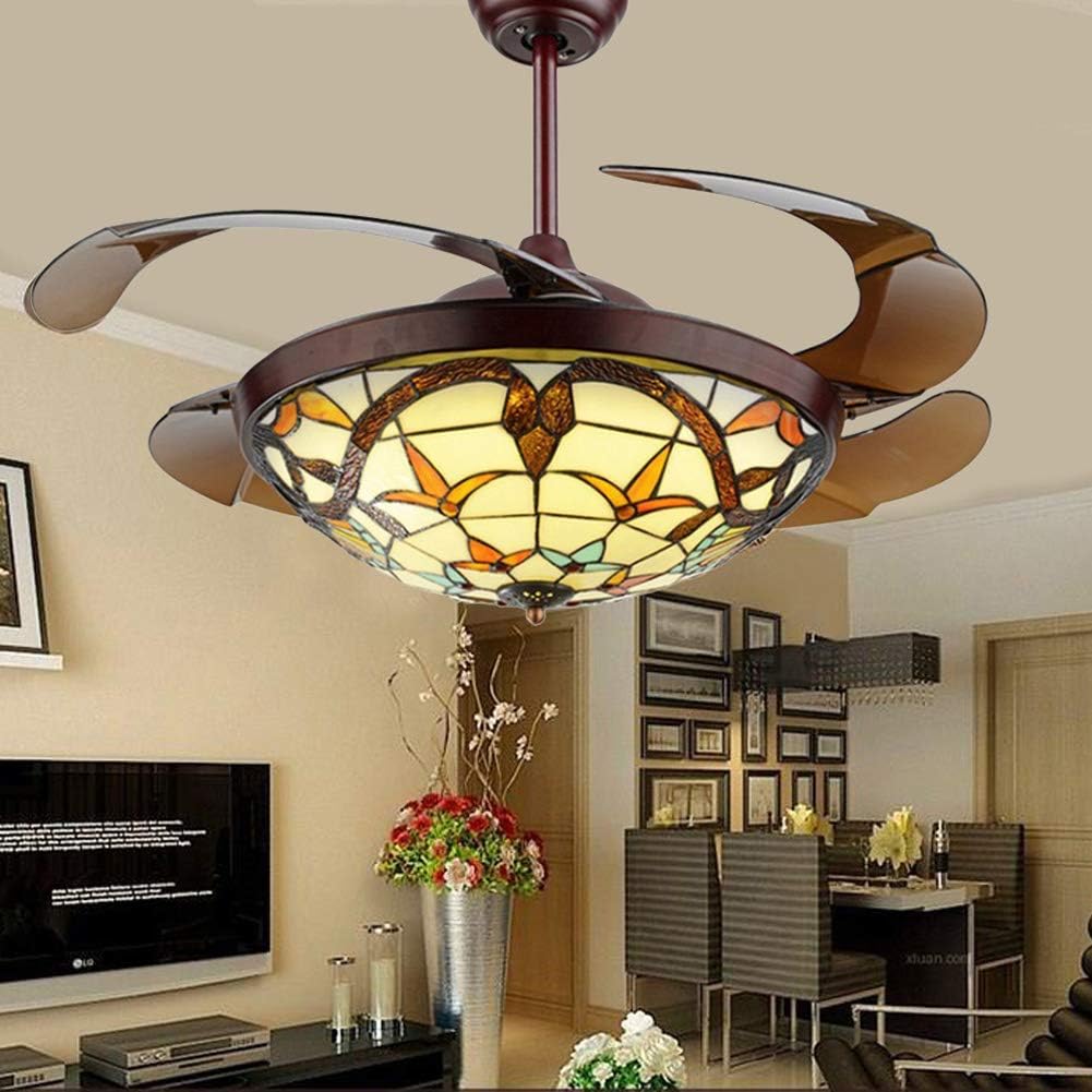 Cheap LUOLAX Modern 42 Tiffany Brown Hand-craft Colorful Lampshade Ceiling Fan Light with Invisible Blades and Remote Control Dimming Chandelier Lamps with Silent Motor