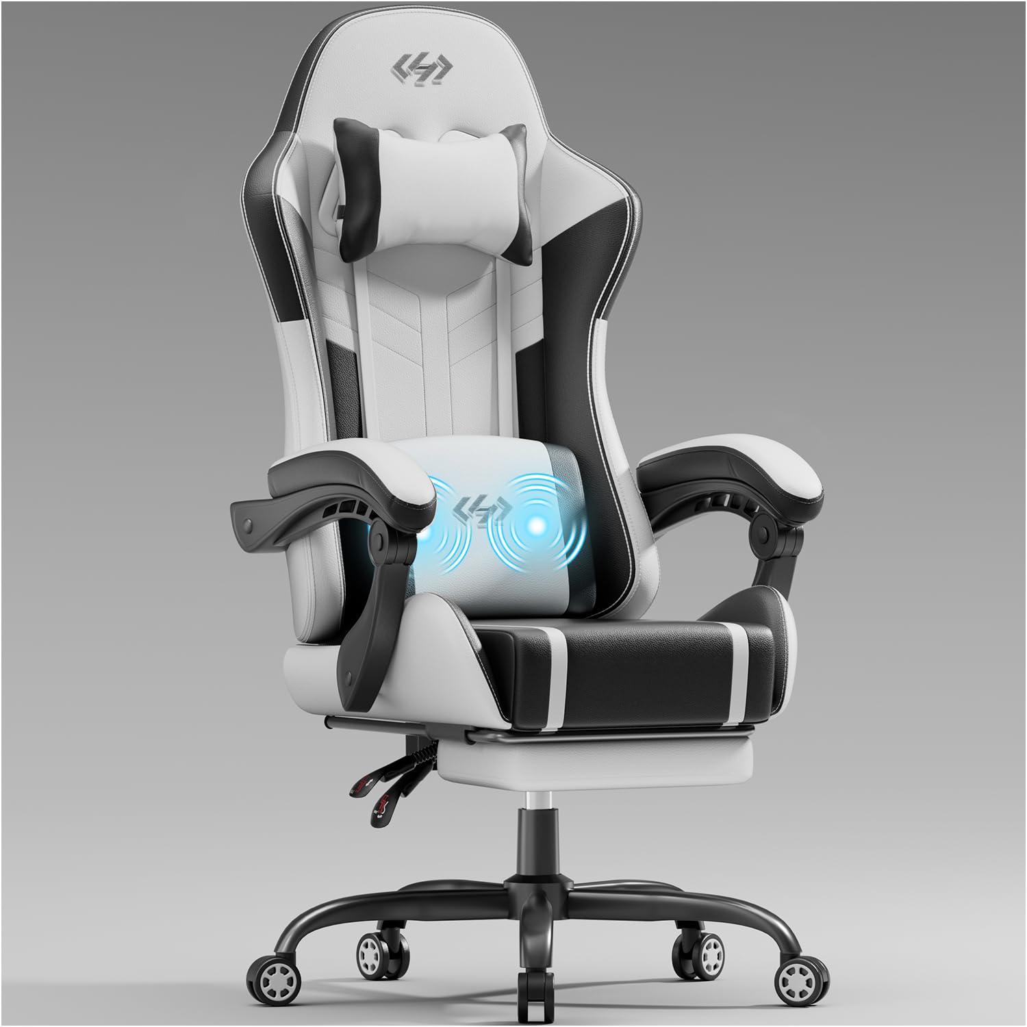 HLFURNIEU Silla Gaming con Masajeador, Silla Gamer Ergonómica con Cojín Lumbar Masajeador y Reposapiés, Sillón Gamer Altura Ajustable, Cadeira Gaming Negro y Blanco