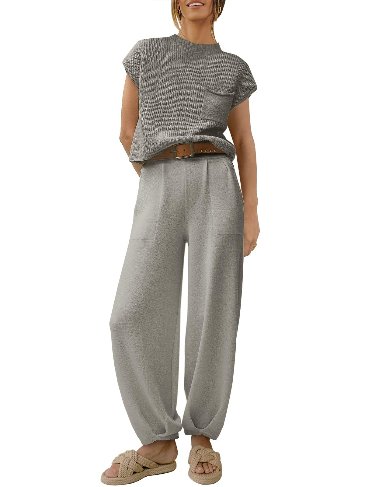 PrinbaraWomen's 2 Piece Outfits Sweater Sets Knit Pullover Tops and High Waisted Pants Casual Tracksuit Lounge Sets