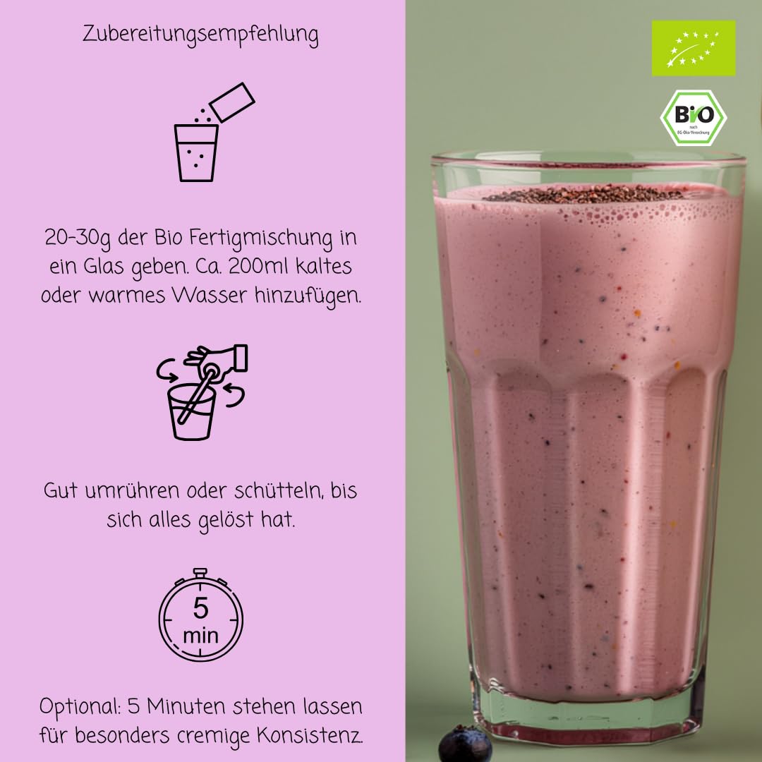 süssundclever.de® Bio Haferdrinkpulver Blaubeere | 800g | mit Dattelsüße | vegan | 8l Haferdrink Blaubeere | Ohne Zuckerzusatz oder Aromen | Vegane Blaubeermilch