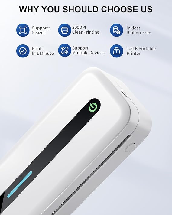 COLORWING Portable Printers Wireless for Travel, 300DPI, M832, White