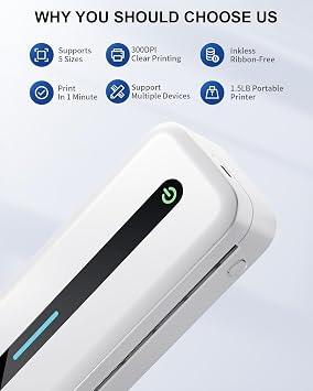 COLORWING Portable Printers Wireless for Travel, 300DPI, M832, White