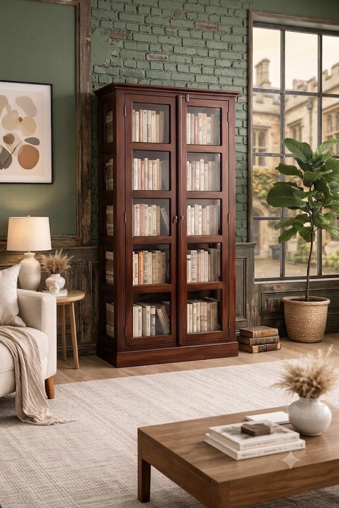 Solid Wood Glass Door Bookshelf Cabinet | Wooden Book Storage Cupboard with Transparent Glass Panels | Tall Display Cabinet for Living Room, Home Office & Library | Walnut Finish-image-35
