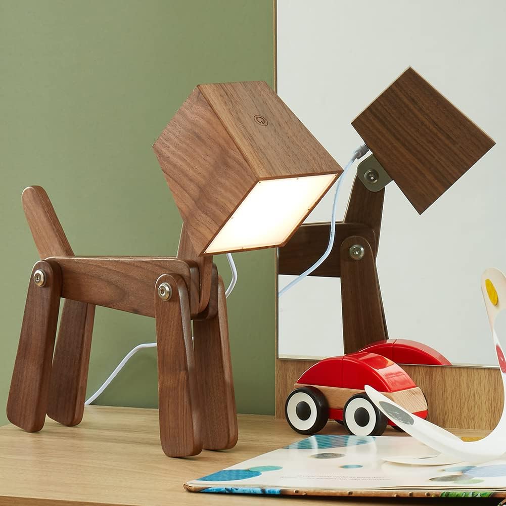 Super Cute Dog Table Lamp for Kids Room Bedroom Bedside - Dimmable Touch Control Wood Fun Unique Desk Lamp Warm White Light Gifts for Friends Boys Girls Dorm Farmhouse (Walnut Color)