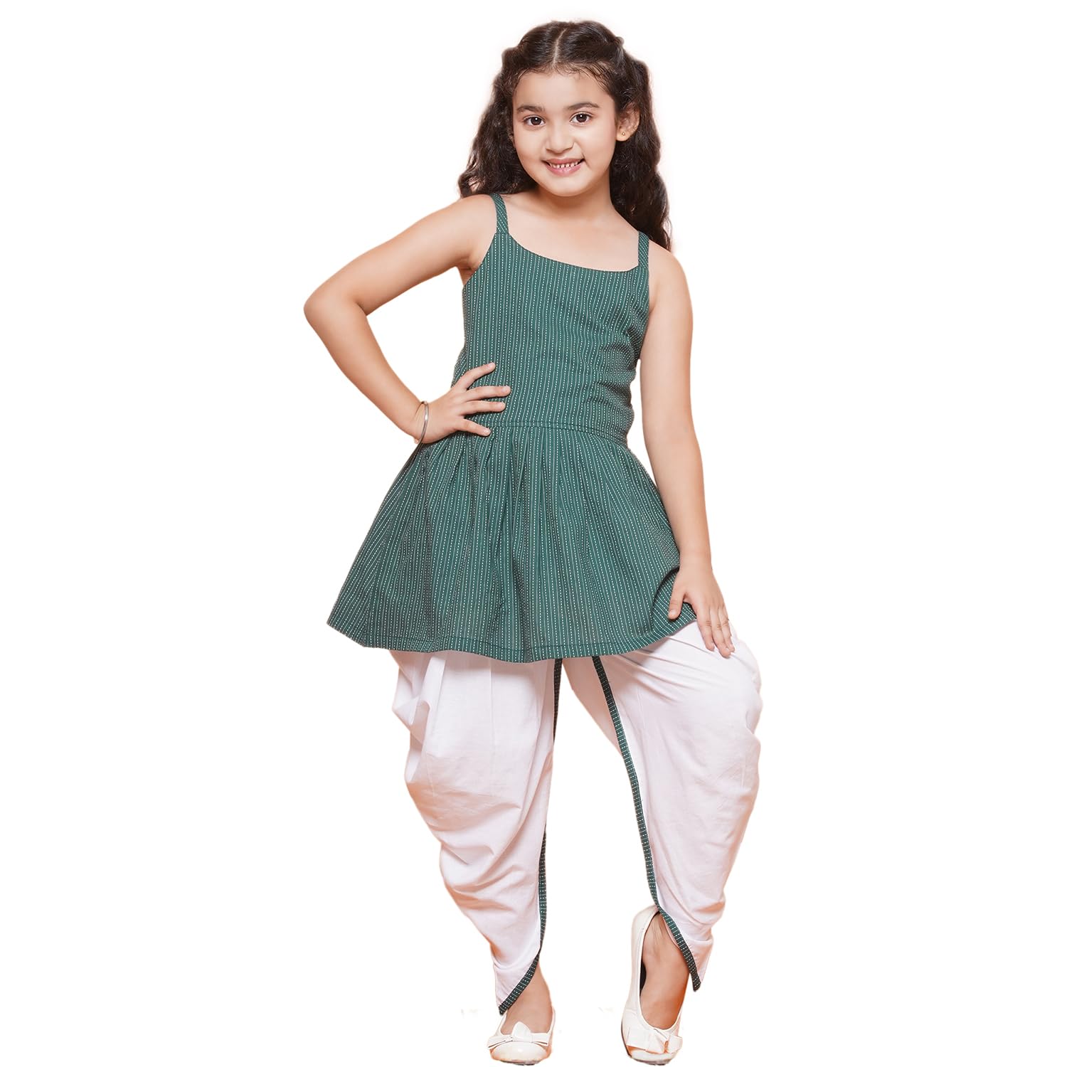 AJ DEZINES Kids Ethnic Wear Cotton Stripe Print Sleeveless A Line Kurta Dhoti Set For Girls