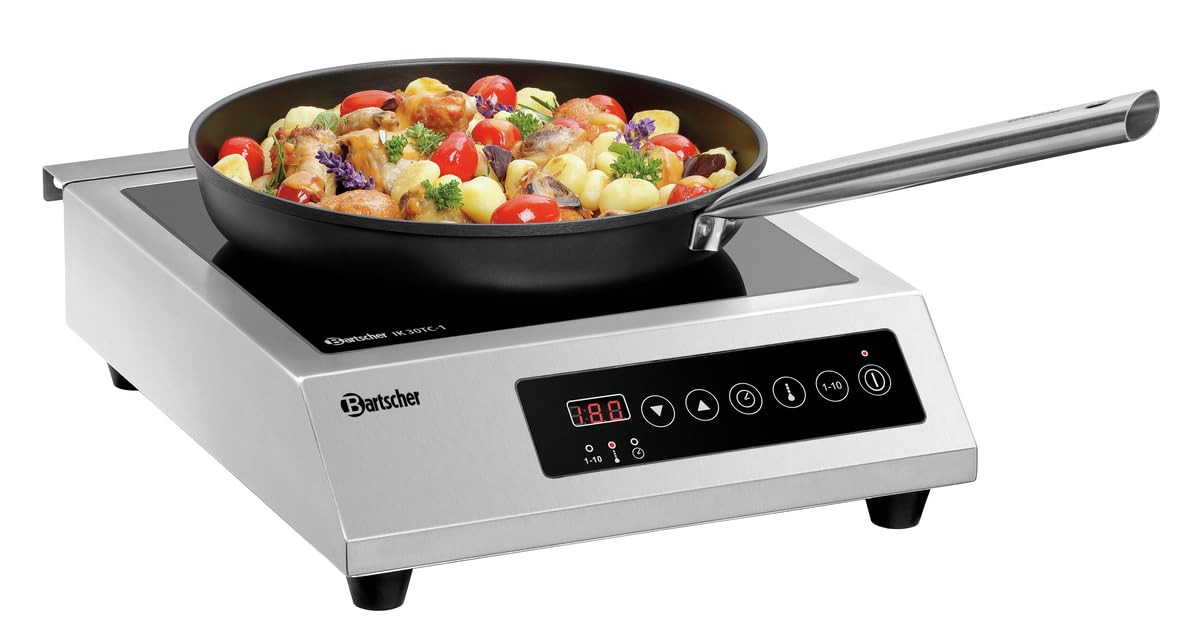 Bartscher Induktionskocher IK 30T-1 mit Touch-Bedienfeld, 3000 W Leistung, 1 Kochstelle mit Fettfilter, Edelstahl/Glas, für Gastronomie