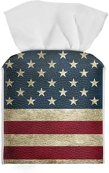 Vintage American Flag Tissue Box Cover PU Leather Square Tissue Holder Patriotic Tissue Organizer for Bathroom Kitchen